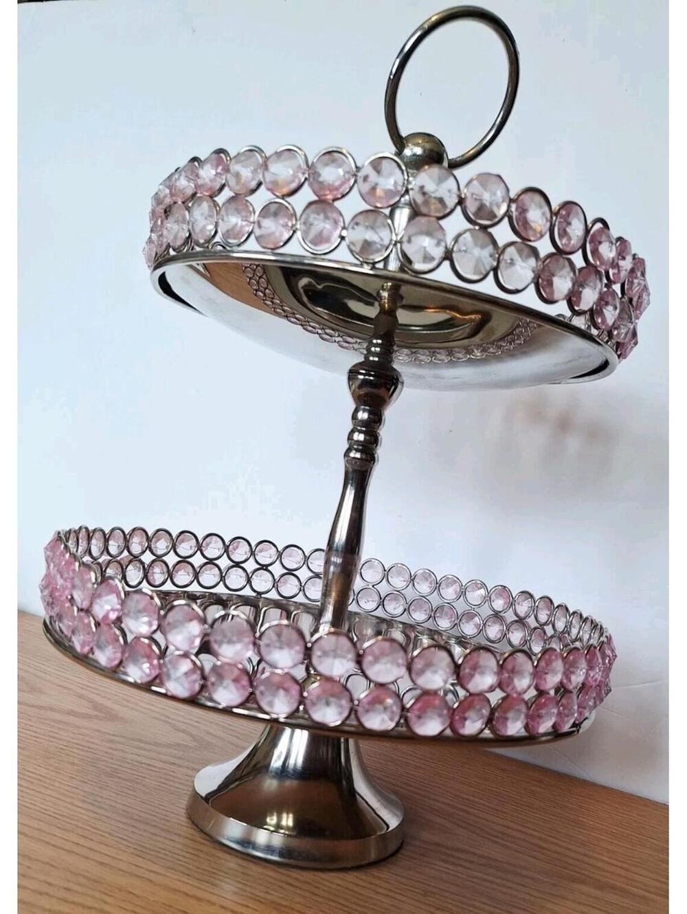 2-Tier Silver Metal Serving Stand Pink Faux Crystal Beads Dessert Jewelry Tower - Picture 4 of 16